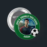 Green Soccer Player Photo High School Spirit Button<br><div class="desc">This cool customized high school soccer player photo gift features white typography of your team and player name on a green button with a soccer ball. Personalize with your student's photograph and class year as a proud futbol parent. A mom and dad can wear these buttons to sports games.</div>