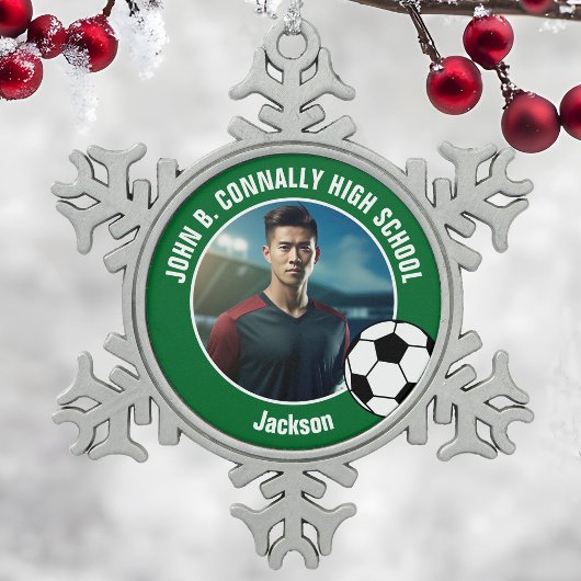 Green Soccer Player Photo High School Spirit Schneeflocken Zinn-Ornament