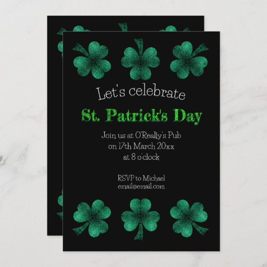 Green Sparkle Kleeblatt Black St Patrick Day Einladung (Vorne/Hinten)