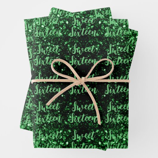 Green sparkles Sweet 16 elegant script pattern Geschenkpapier Set (Beispiel)