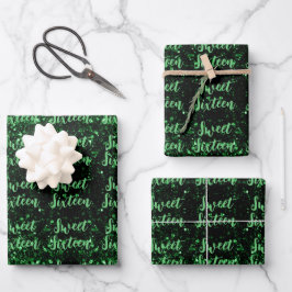 Green sparkles Sweet 16 elegant script pattern Geschenkpapier Set