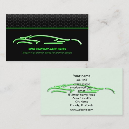 Green Sports Car Logo, Neon Glow-Effekt Visitenkarte (Vorne/Hinten)