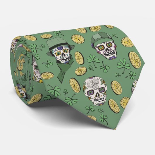 Green St Patrick's Day Irish Sugar Skull Custom Krawatte (Gerollt)