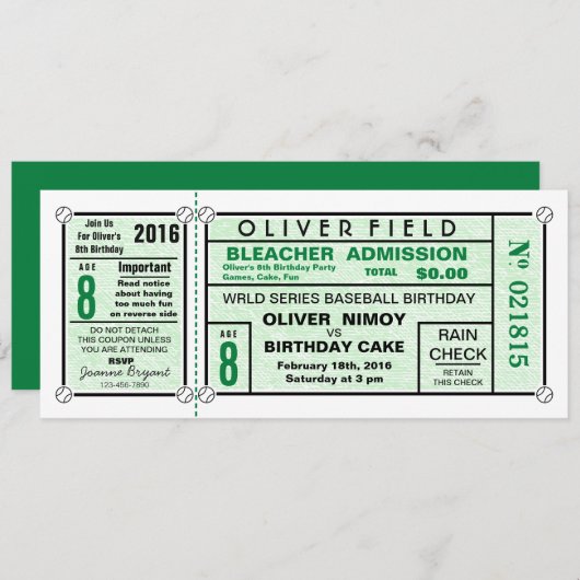Green Stadium Ticket Baseball Geburtstag Einladung (Vorne/Hinten)