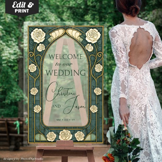 Green Stained Glass Art Nouveau Wedding Welcome  Acrylschild