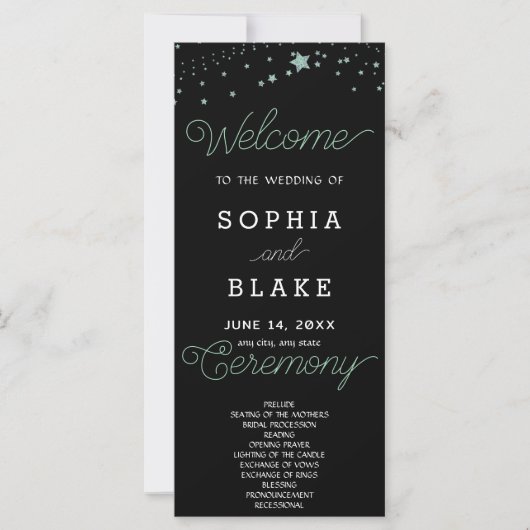 Green Stars Celestial Black Wedding Program (Vorderseite)