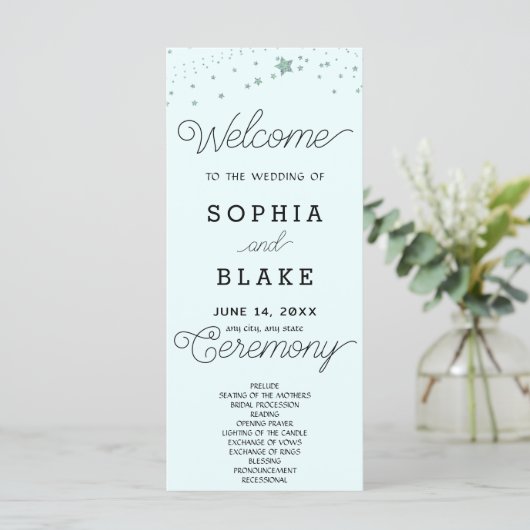 Green Stars Celestial Light Blue Wedding Program (Stehend Vorderseite)