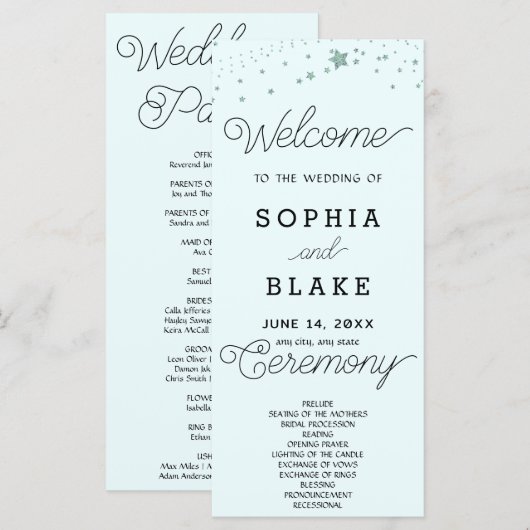 Green Stars Celestial Light Blue Wedding Program (Vorne/Hinten)