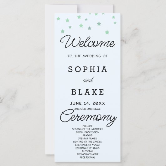 Green Stars Celestial Light Blue Wedding Program (Vorderseite)