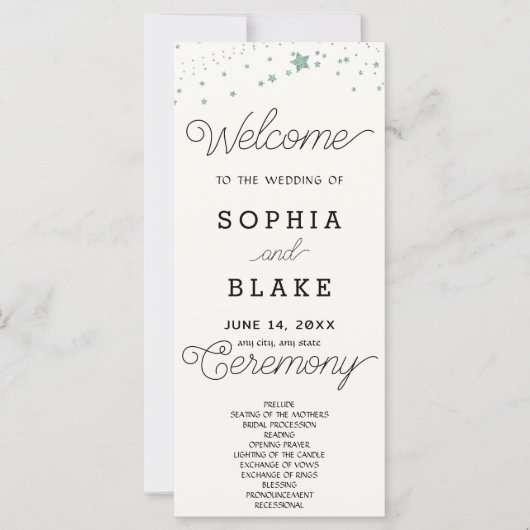 Green Stars Celestial Off White Wedding Program (Vorderseite)
