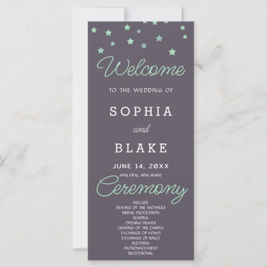 Green Stars Celestial Smoke Gray Wedding Programm (Vorderseite)