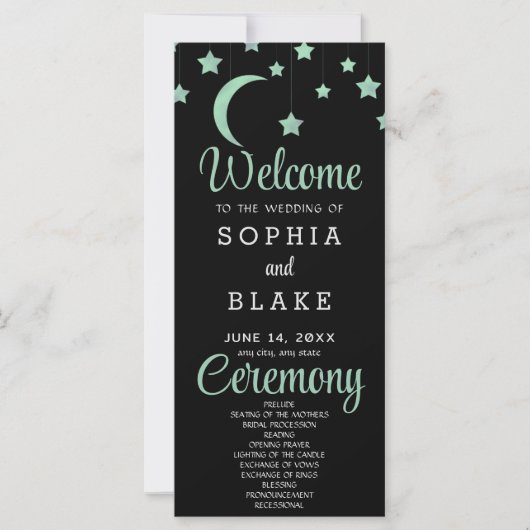 Green Stars Crescent Moon Black Wedding Programm (Vorderseite)