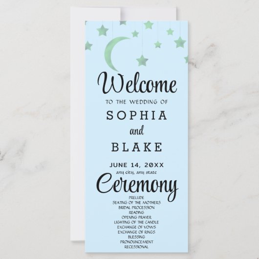 Green Stars Crescent Moon Blue Wedding Program (Vorderseite)