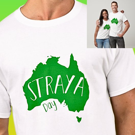 Green STRAYA Map of Australia Day on Light T-Shirt