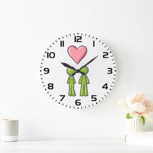 Green Strichmännchen Couple Pink Heart Liebe Große Wanduhr