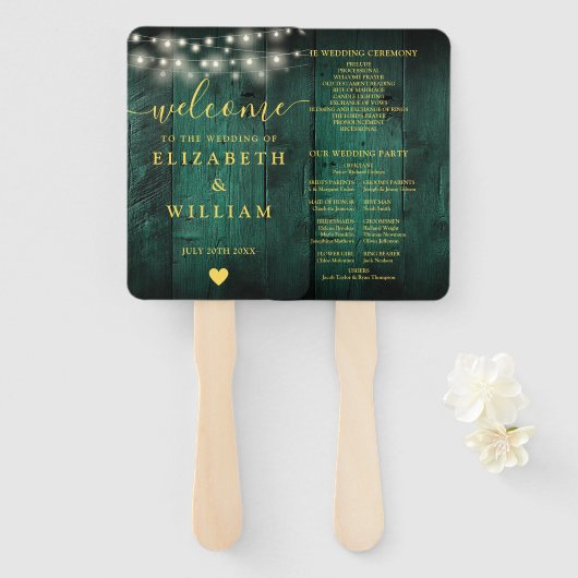 Green String Lights Rustic Wood Wedding Program Fächer (Vorne und Hinten)