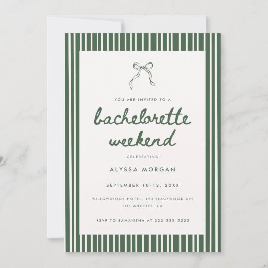 Green Stripe Coquette Bachelorette Weekend Details Einladung (Vorderseite)