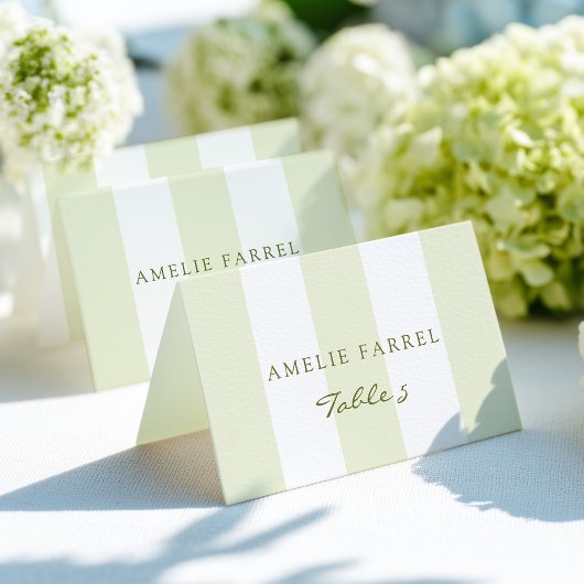 Green Stripe Wedding Escort Name Cards Tischnummer