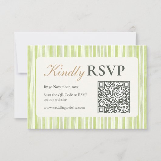 Green Stripe Wedding RSVP Postcards with QR Code (Vorderseite)