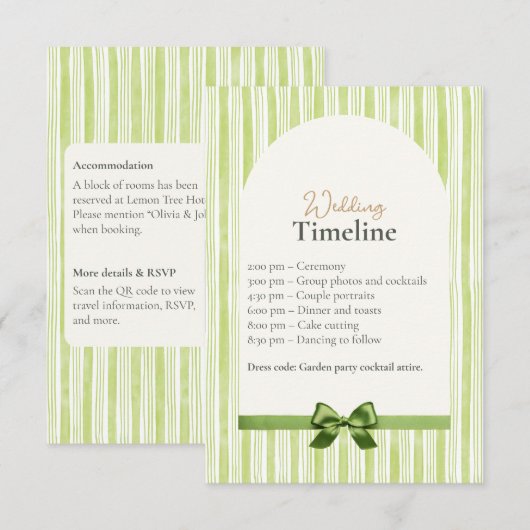 Green Stripe Wedding Timeline Cards with QR Code Begleitkarte (Vorne/Hinten)