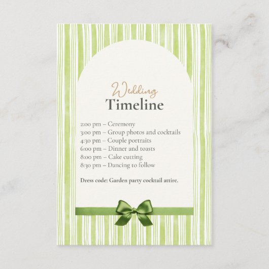 Green Stripe Wedding Timeline Cards with QR Code Begleitkarte (Vorderseite)