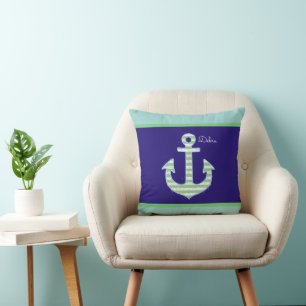 Green Striped Anchor on Blue Personalized Nautical Kissen