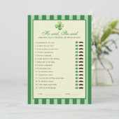 Green Striped Clover He said She said Game Card Einladung (Stehend Vorderseite)