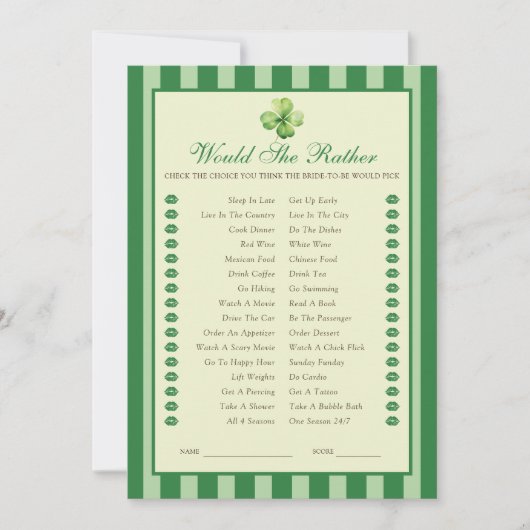 Green Striped Clover Would She Rather Game Card Einladung (Vorderseite)