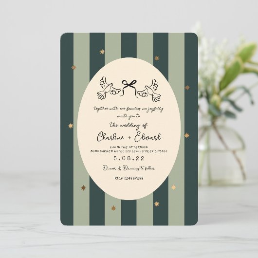 Green Striped Gold Star Wedding Einladung