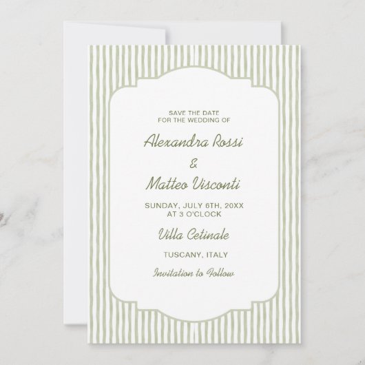Green Striped Save the Date Elegant Script Wedding Einladung (Vorderseite)