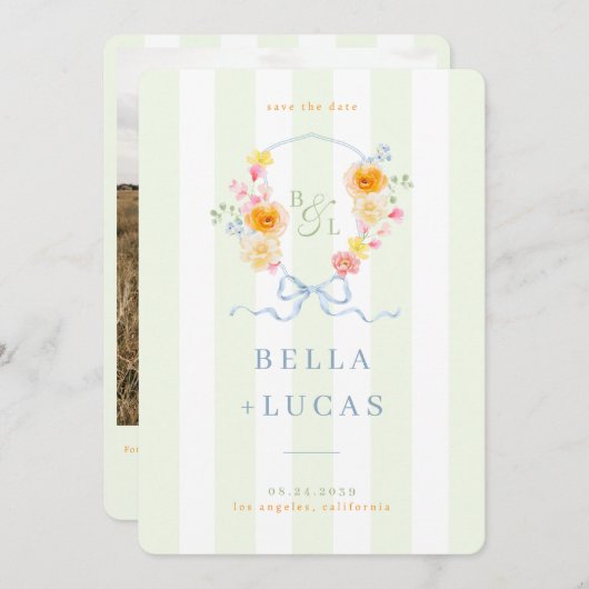Green Stripes Floral Crest Monogram Spring Wedding Save The Date (Vorne/Hinten)