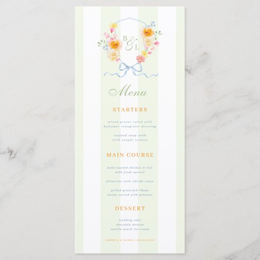 Green Stripes & Floral Crest Spring Wedding Menu Menükarte (Vorderseite)