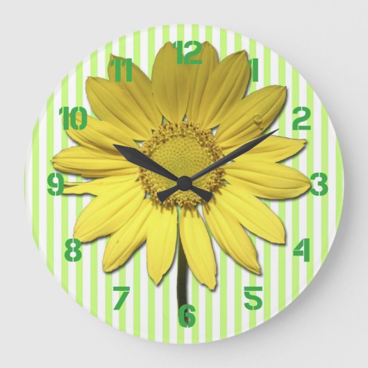 Green Stripes Yellow Daisy Wall Clock Große Wanduhr (Vorderseite)