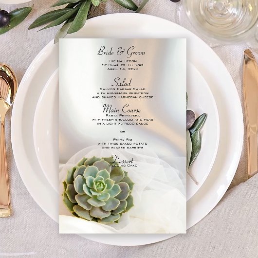 Green Succulent auf White Wedding Menu