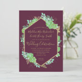 Green Succulents Gold Frame Wedding Einladung (Stehend Vorderseite)