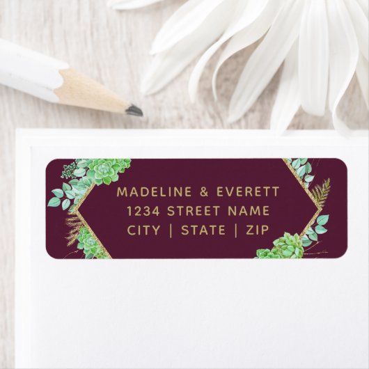 Green Succulents Gold Frame Wedding Rücksendeadres (Insitu)
