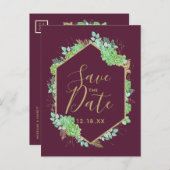 Green Succules Goldrahmen Marsala Save the Date Ankündigungspostkarte (Vorne/Hinten)