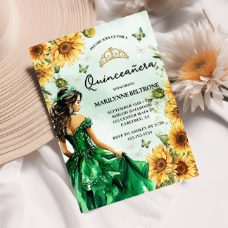 Green Sunflower Butterfly Prinzessin Quinceañera Einladung