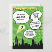Green Superheros Comic Book Styled Birthday Party Einladung (Vorderseite)