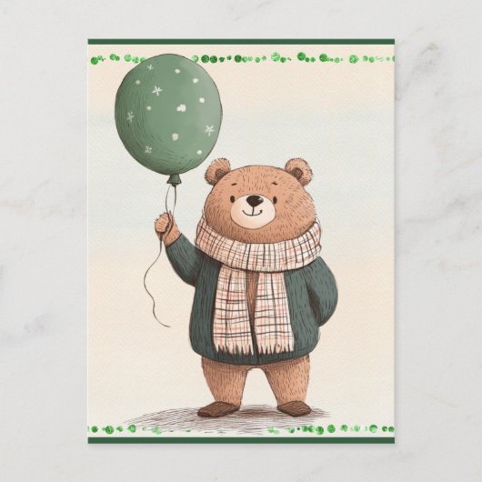 Green Sweater Bär mit Fall Kariert Scarf Postkarte (Vorderseite)