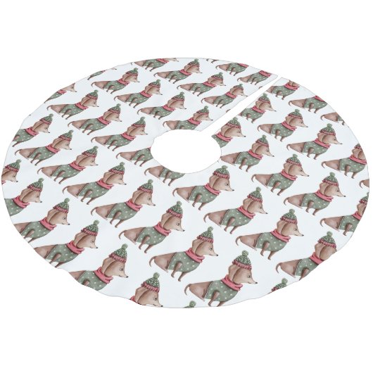 Green Sweater & Hat Dackel Weihnachtsbaumrock Polyester Weihnachtsbaumdecke (Schrägansicht)