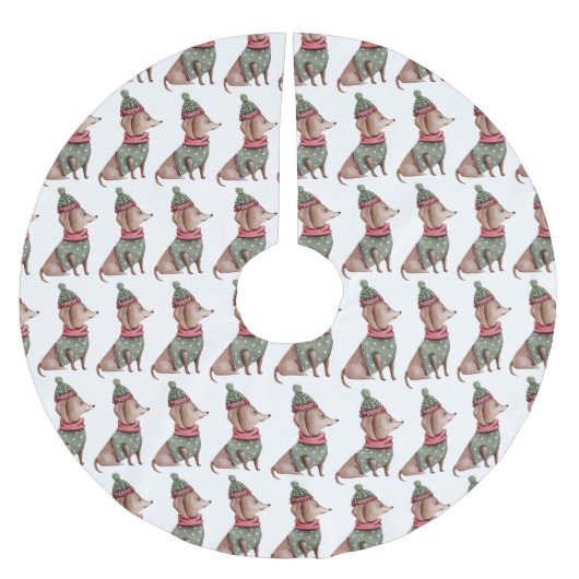 Green Sweater & Hat Dackel Weihnachtsbaumrock Polyester Weihnachtsbaumdecke (Vorderseite)