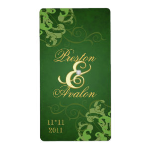 Green Swirl Gold Jeweled Wedding Wine Label