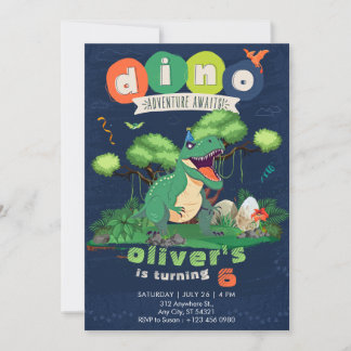 Green T-rex Adventure 6th Birthday Invitation Einladung