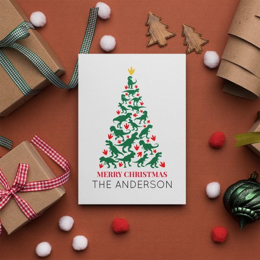 Green T Rex Christmas Tree Red Paw Postkarte