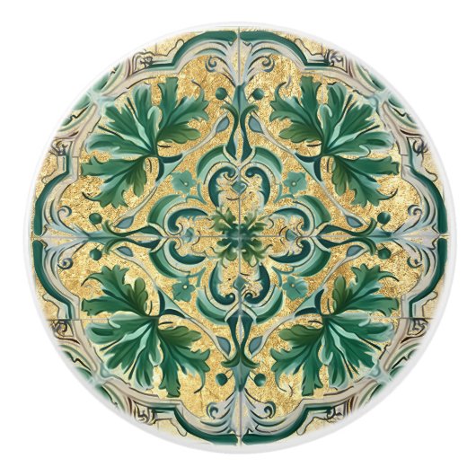 Green Tan Gold Look Talavera Azulejo Tile Keramikknauf (Vorderseite)