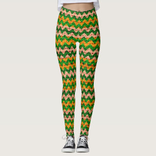 Green Tan Yellow Zickzack Pattern Burlap Look Leggings
