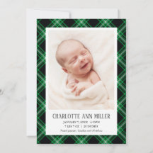 Green Tartan Baby Birth Announcement Foto Card