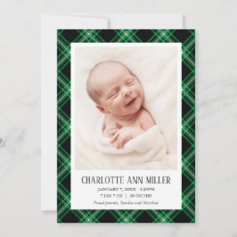Green Tartan Baby Birth Announcement Foto Card Ankündigung