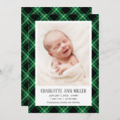 Green Tartan Baby Birth Announcement Foto Card Ankündigung (Vorne/Hinten)